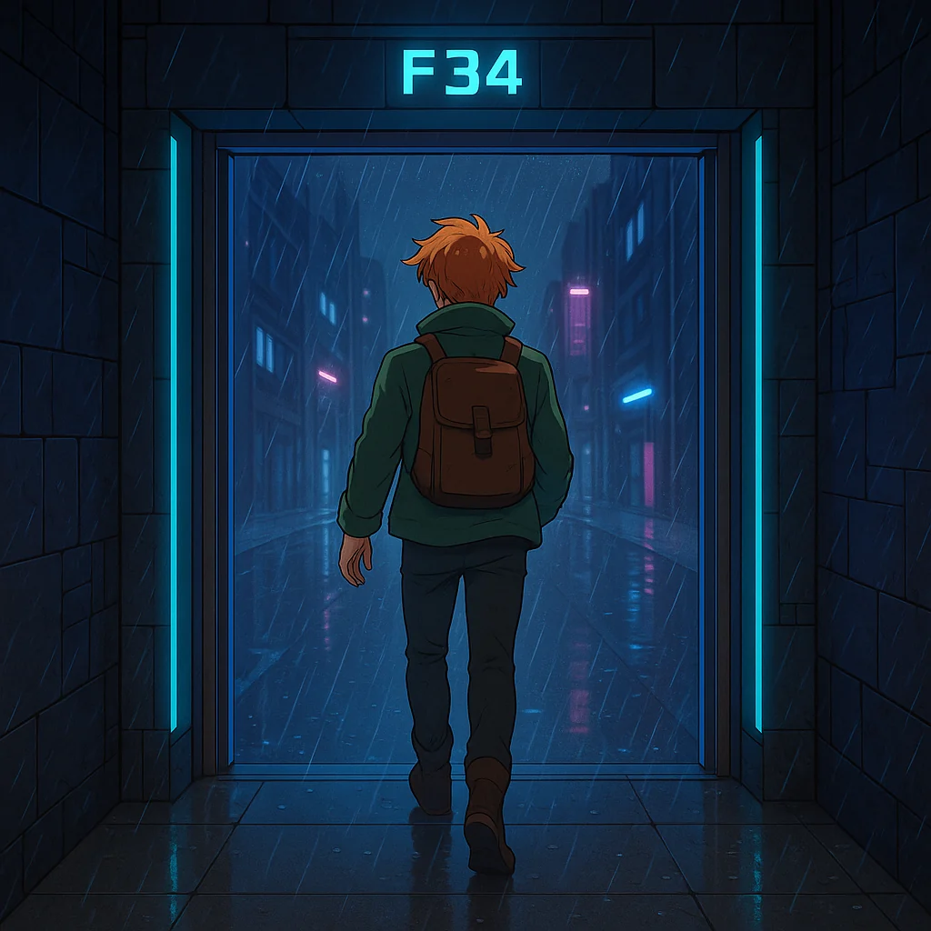 Sylas entering the rain-soaked technological world of Lost Paths