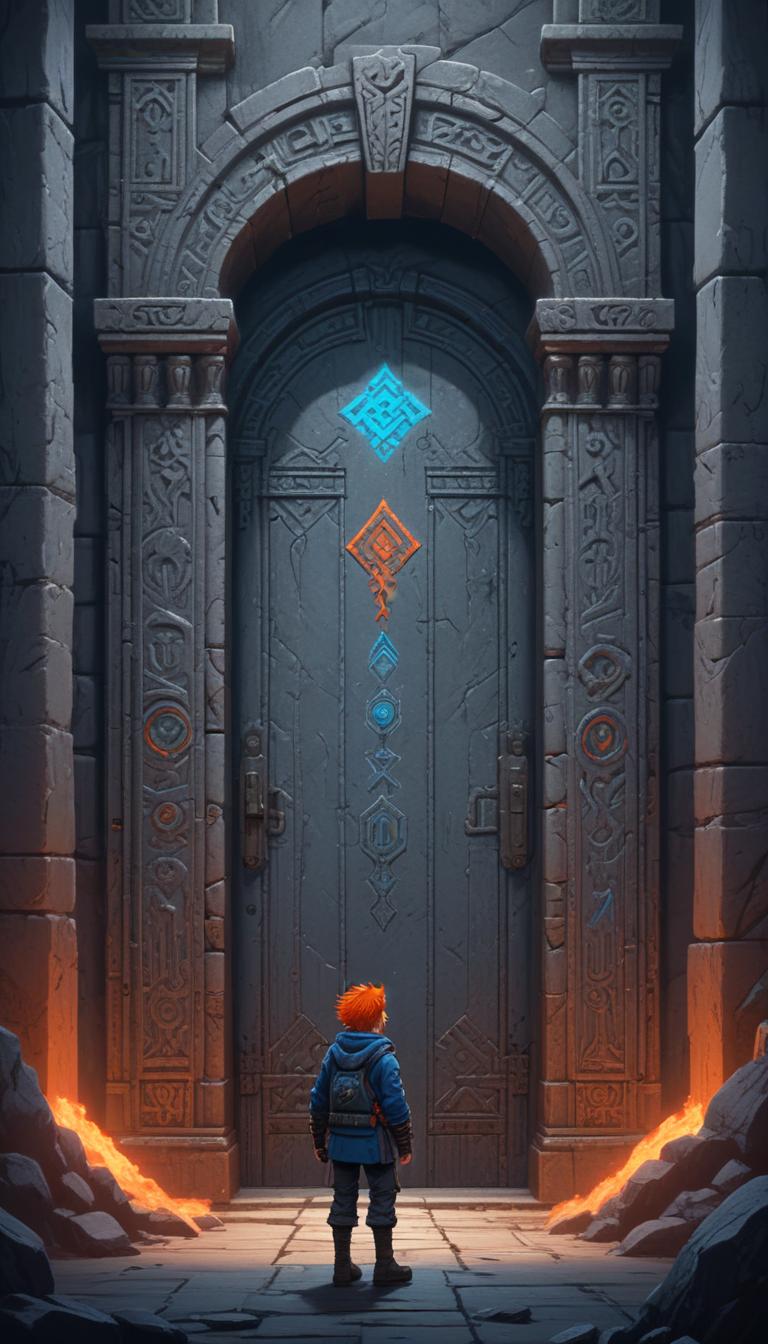 Sylas standing before a monumental sealed entrance