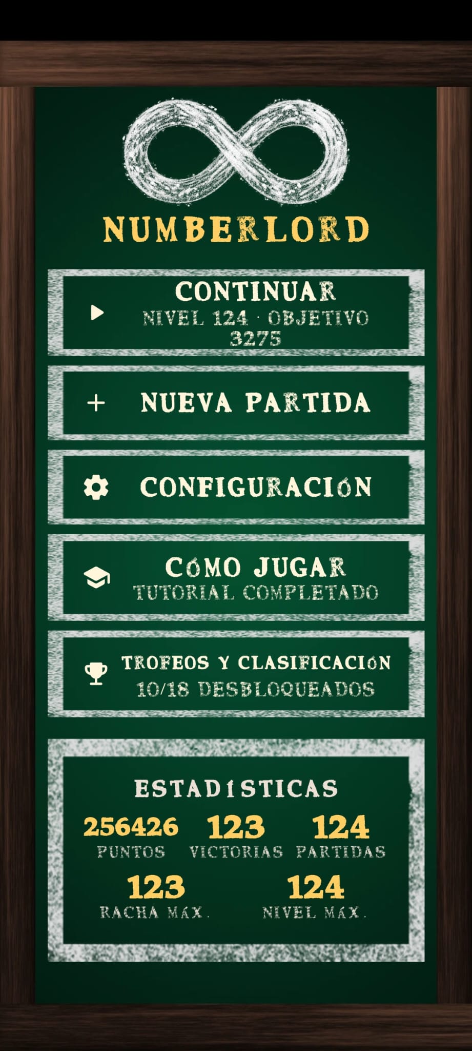 Numberlord main menu showing progress and player statistics