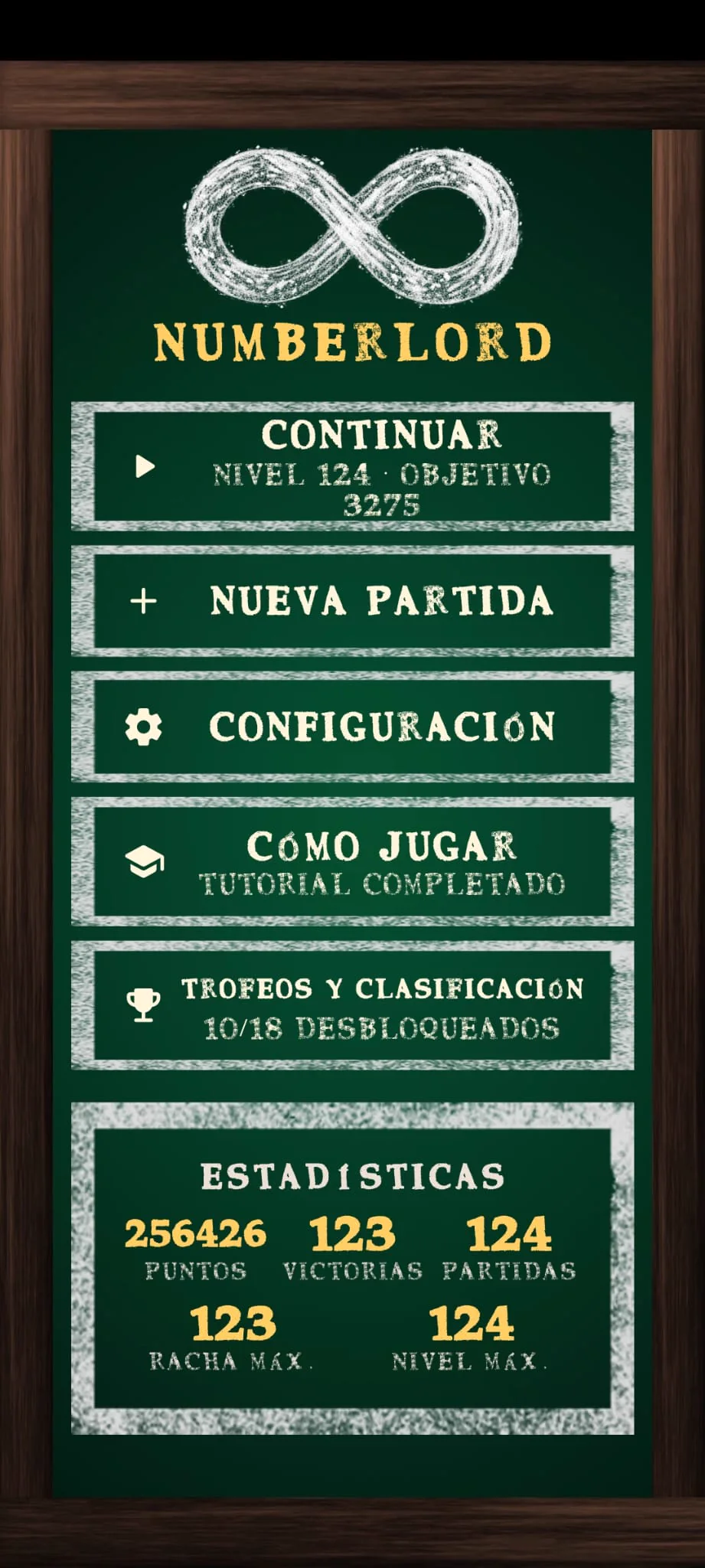 Numberlord main menu showing progress and player statistics