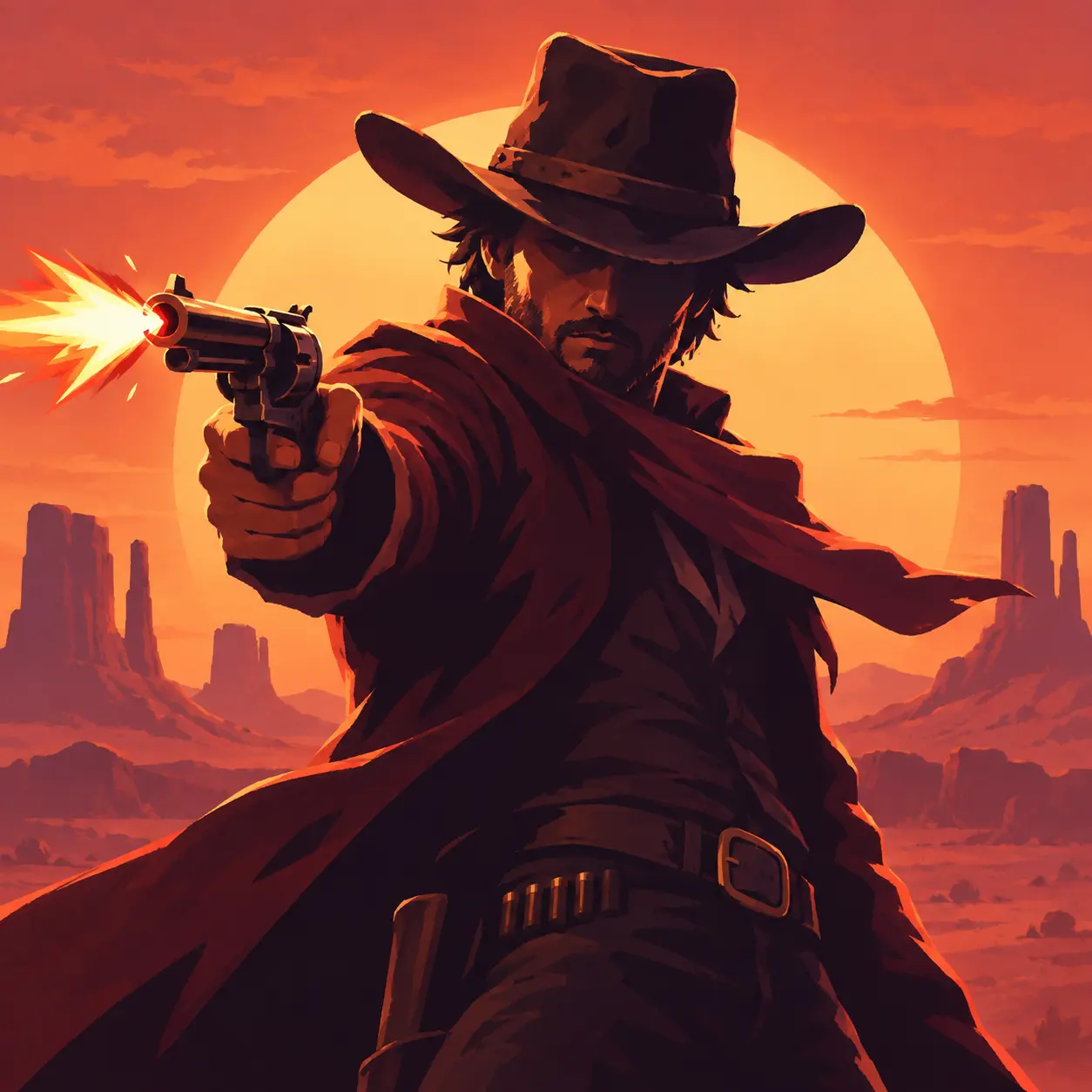 A western gunfighter drawing at sunset
