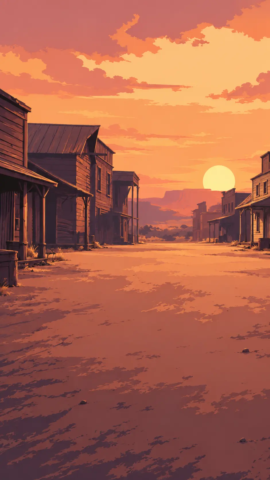 An empty western street at sunset